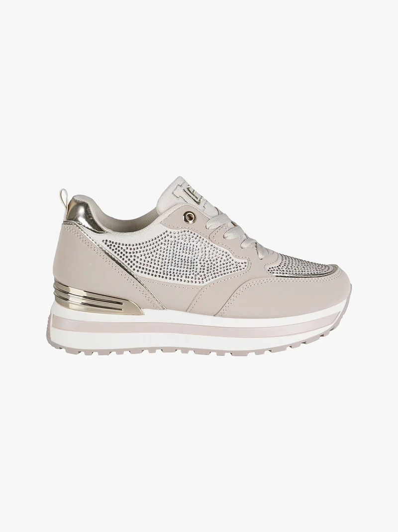 Sneakers donna stringate con strass e platform - beige