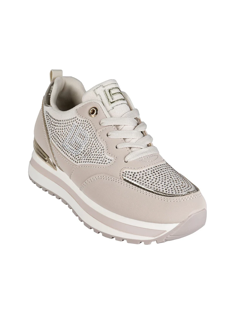Sneakers donna stringate con strass e platform - beige