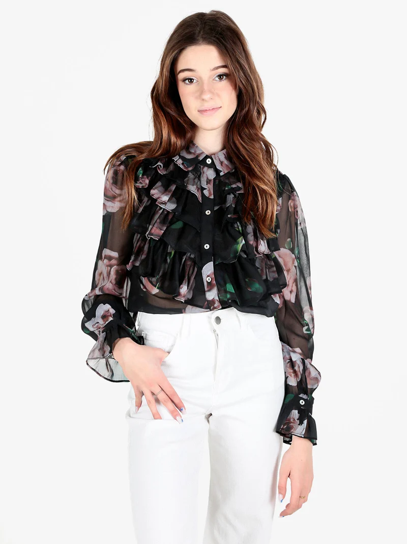 Camicia da donna a maniche lunghe con balze a volant - nero