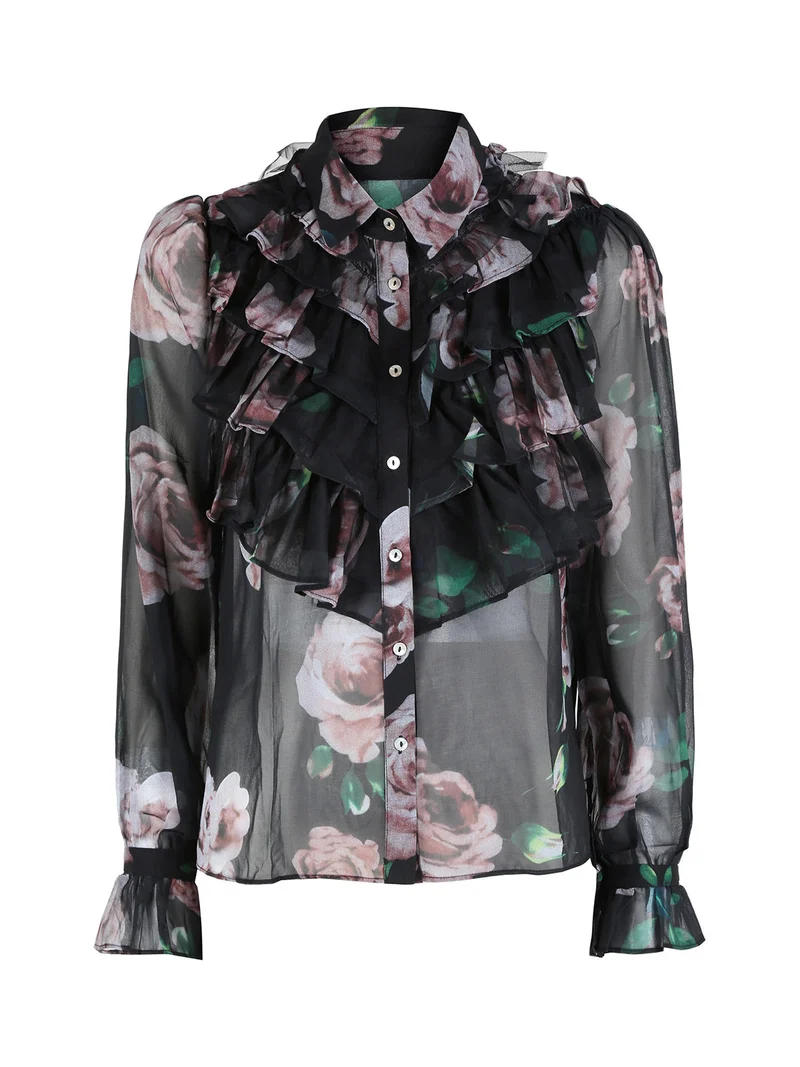 Camicia da donna a maniche lunghe con balze a volant - nero