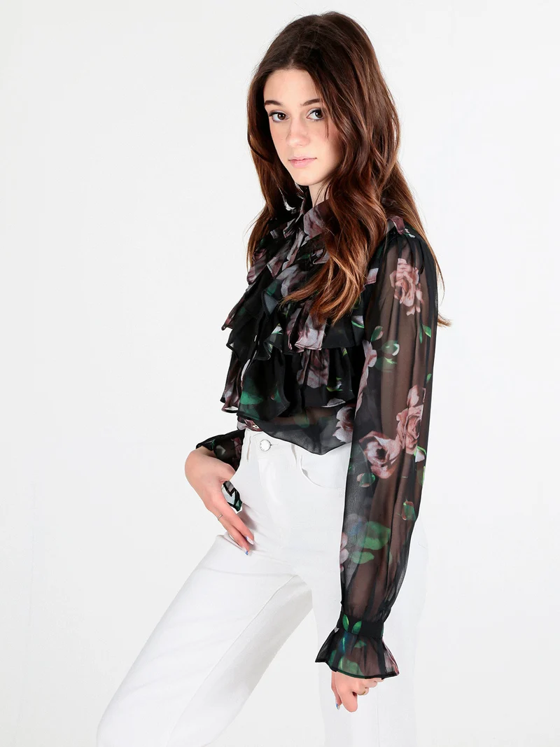 Camicia da donna a maniche lunghe con balze a volant - nero