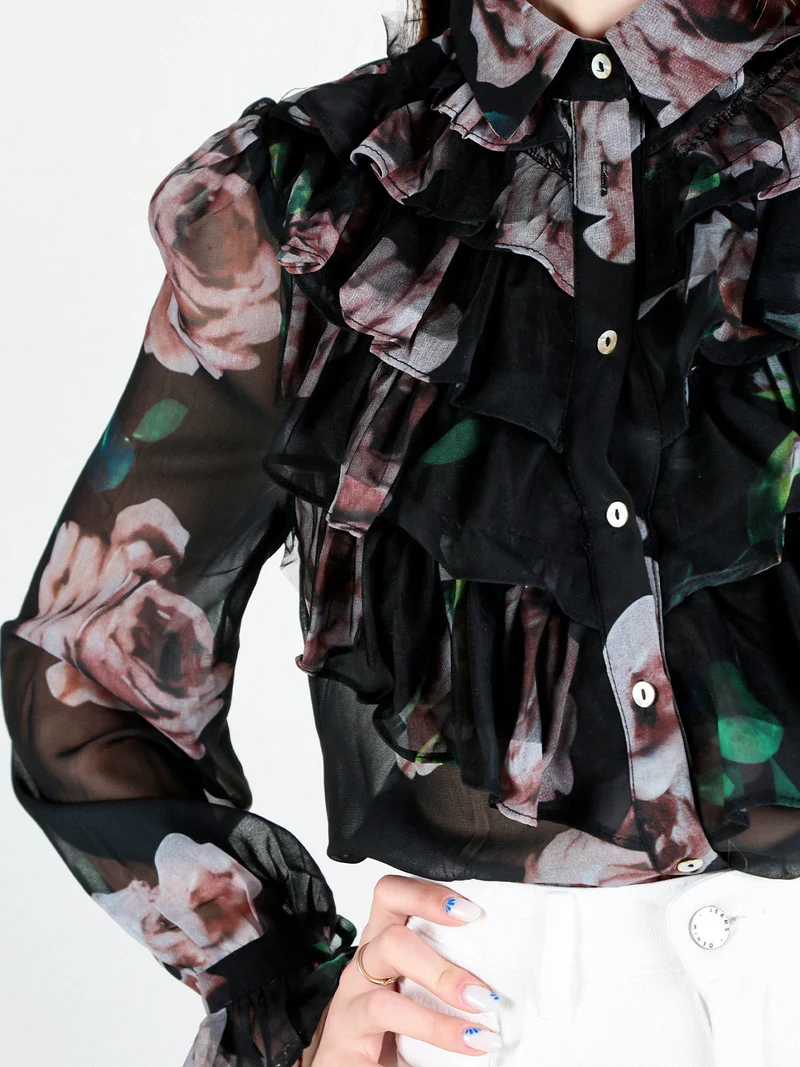 Camicia da donna a maniche lunghe con balze a volant - nero