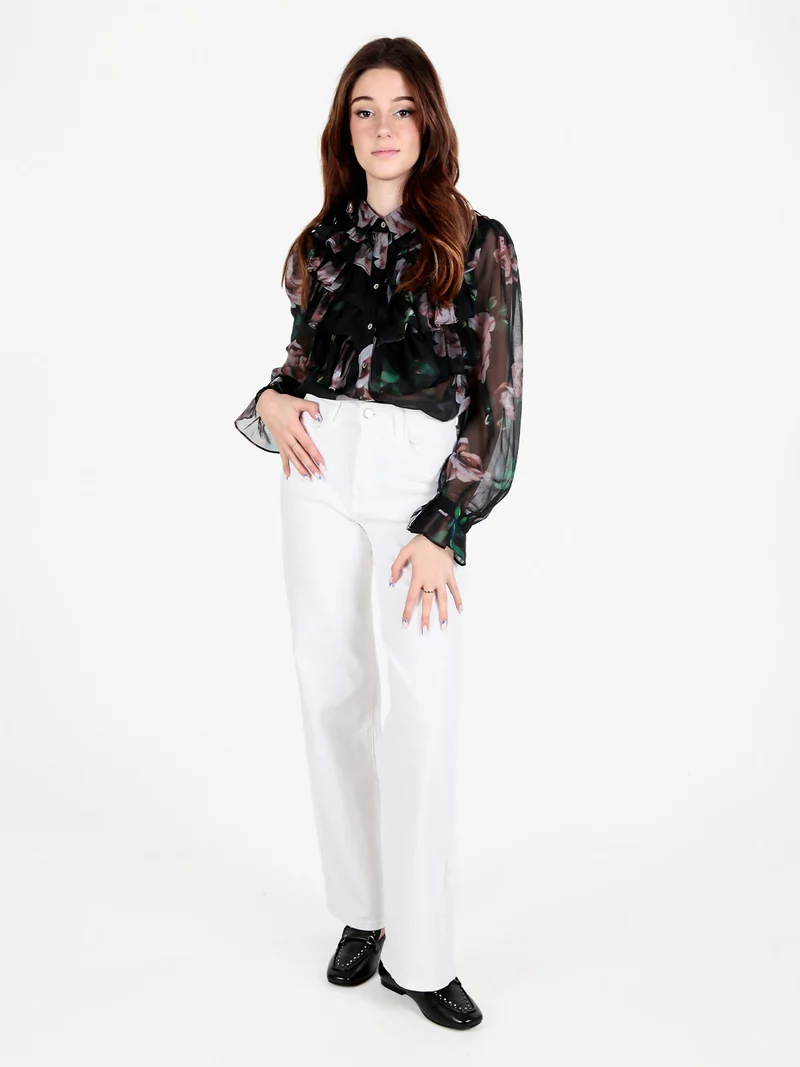 Camicia da donna a maniche lunghe con balze a volant - nero