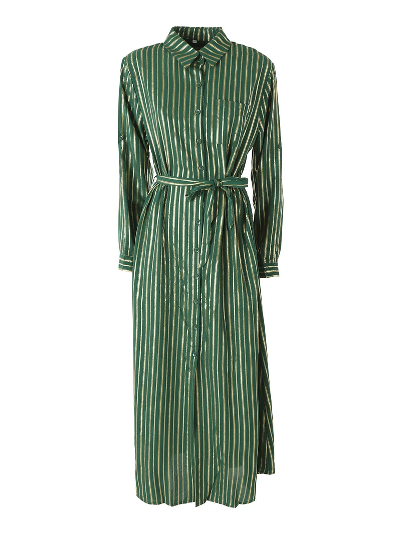 Abito lungo a camicia con maniche lunghe e stampa a righe - verde