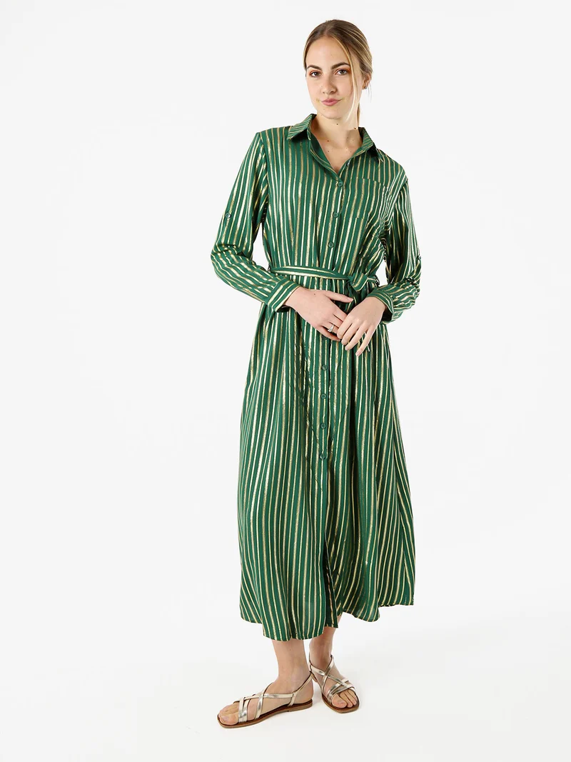 Abito lungo a camicia con maniche lunghe e stampa a righe - verde