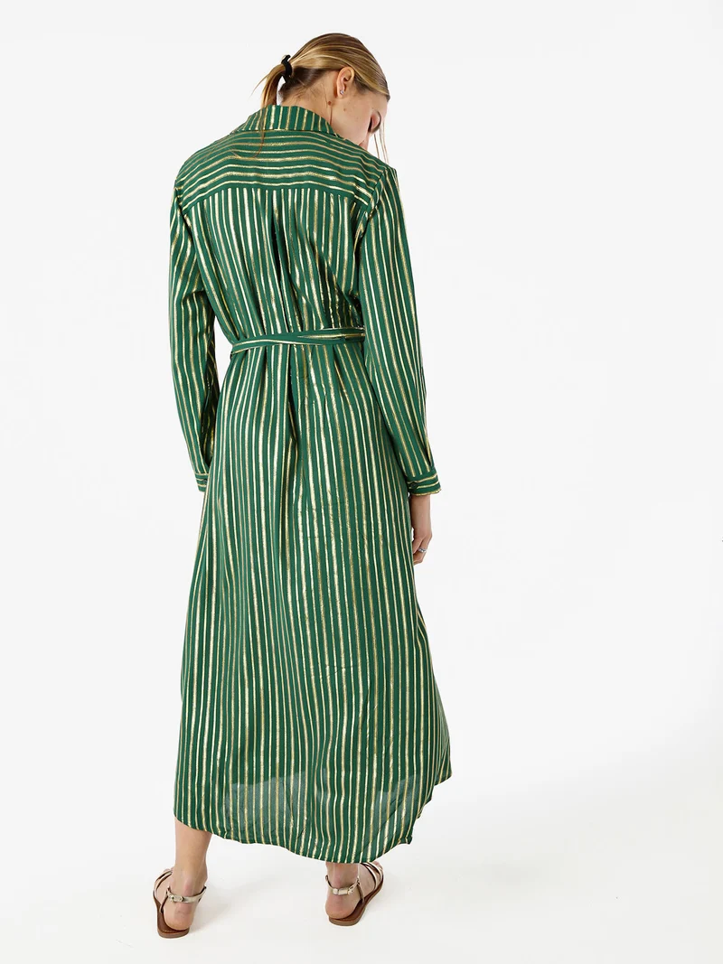 Abito lungo a camicia con maniche lunghe e stampa a righe - verde