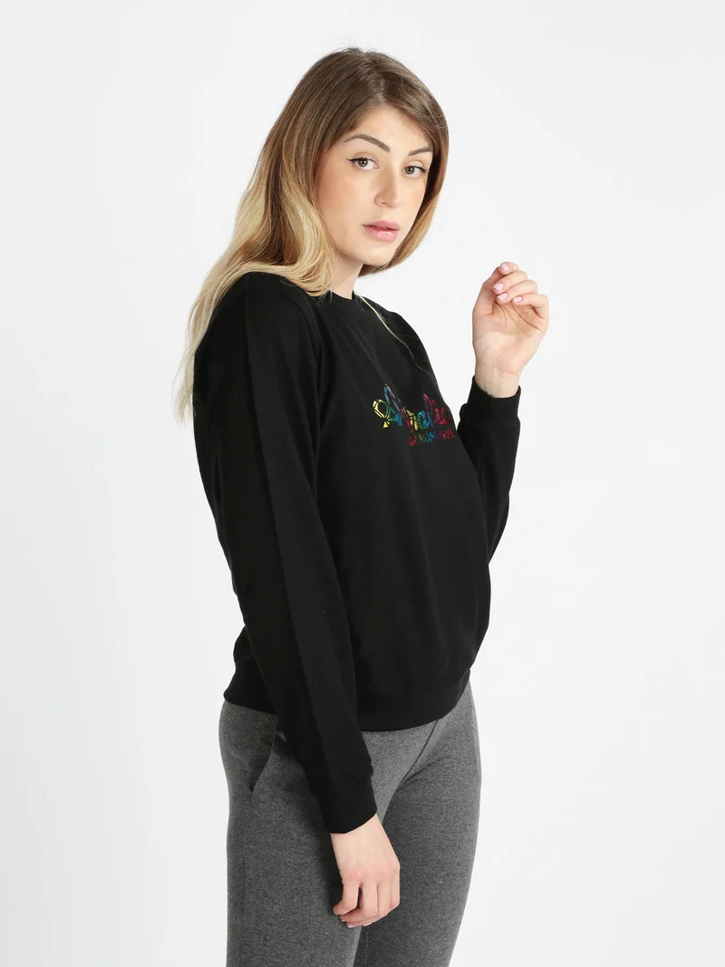 Felpa girocollo donna con stampa - nero