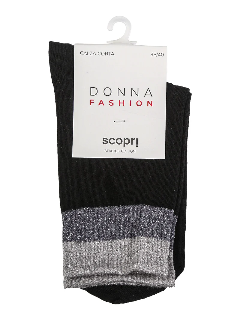 Calze corte da donna in cotone stretch con bordo lurex - nero