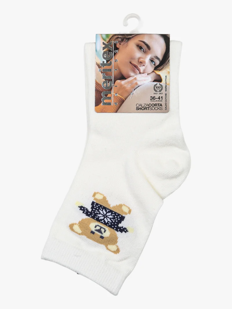 Calze corte da donna in caldo cotone con stampa orsacchiotto - bianco
