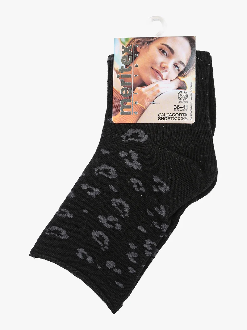 Calze corte da donna in caldo cotone con stampa animalier - nero