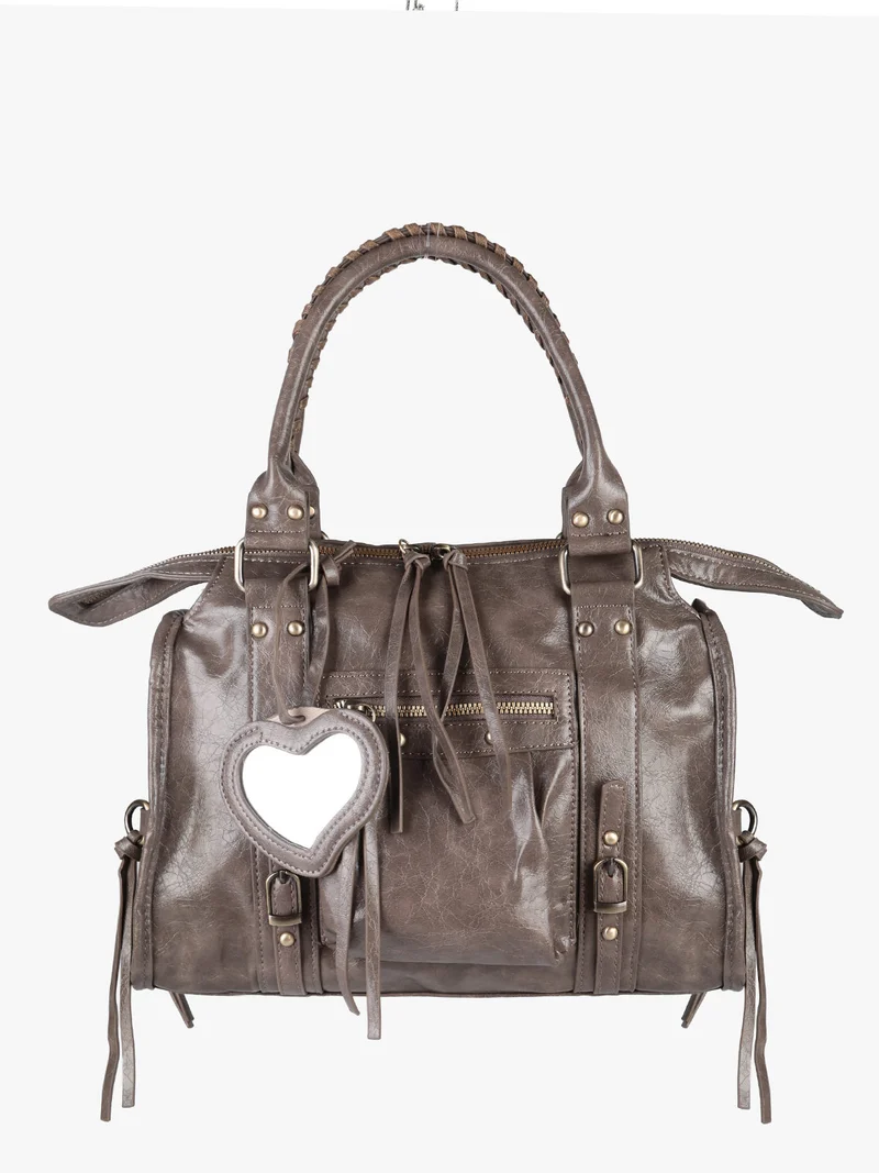 Borsa donna a bauletto con doppi manici e accessorio specchietto - taupe