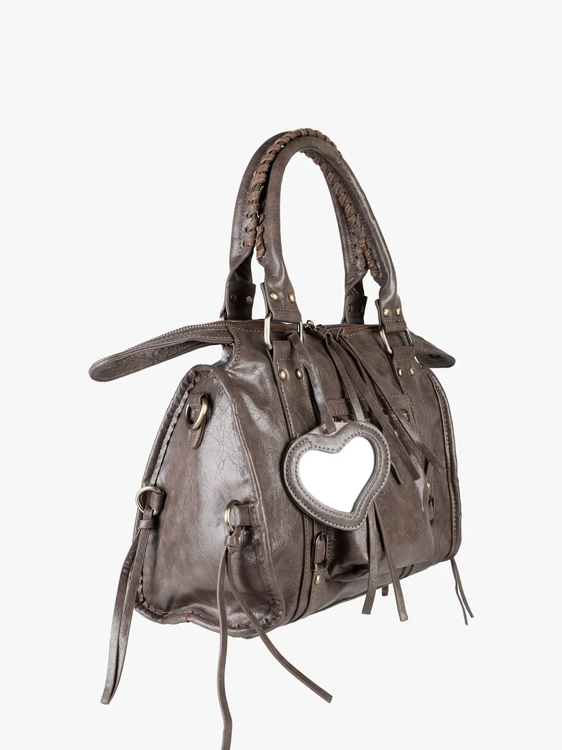 Borsa donna a bauletto con doppi manici e accessorio specchietto - taupe