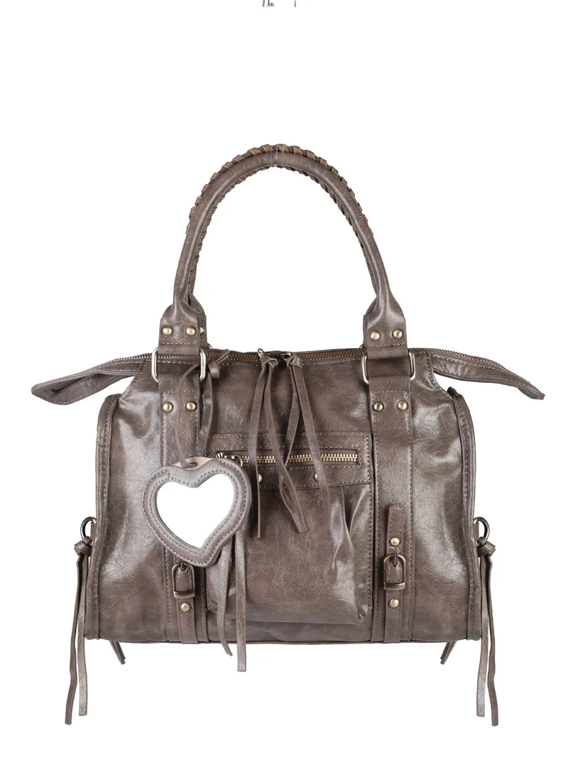 Borsa donna a bauletto con doppi manici e accessorio specchietto - taupe