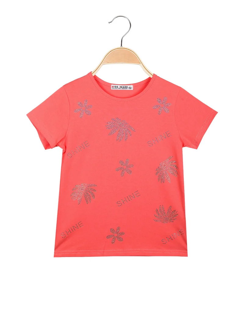T-shirt da bambina con fiori di strass - corallo