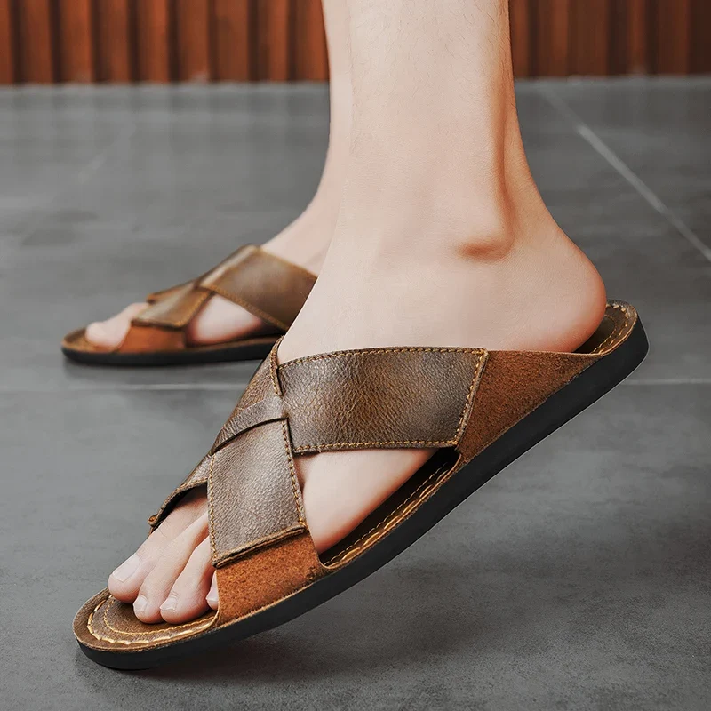 Retro Leather Men's Slippres