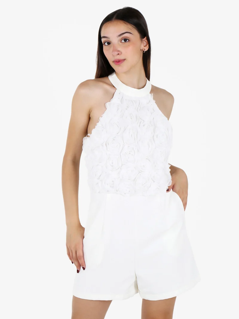 Tuta jumpsuite elegante da donna con allacciatura al collo - bianco