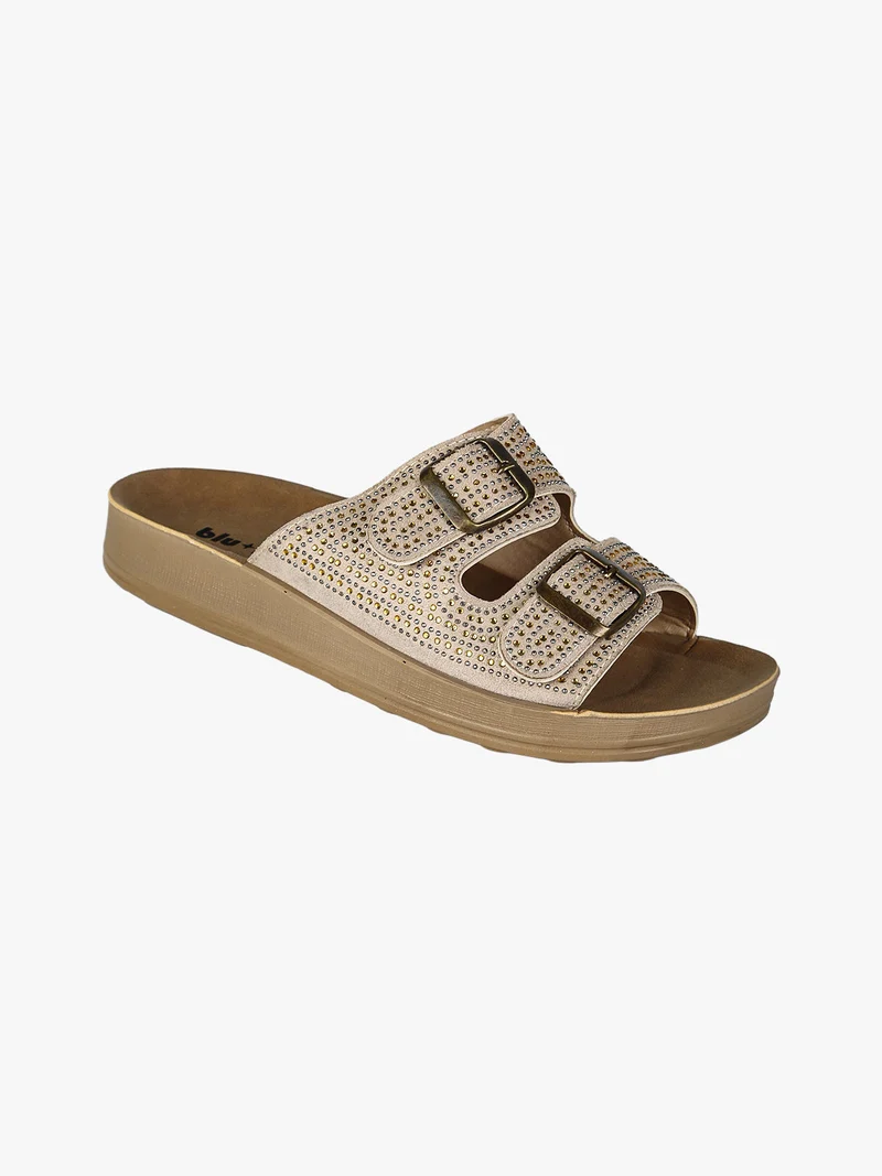 Ciabatte da donna con doppie fibbie e micro borchie - beige