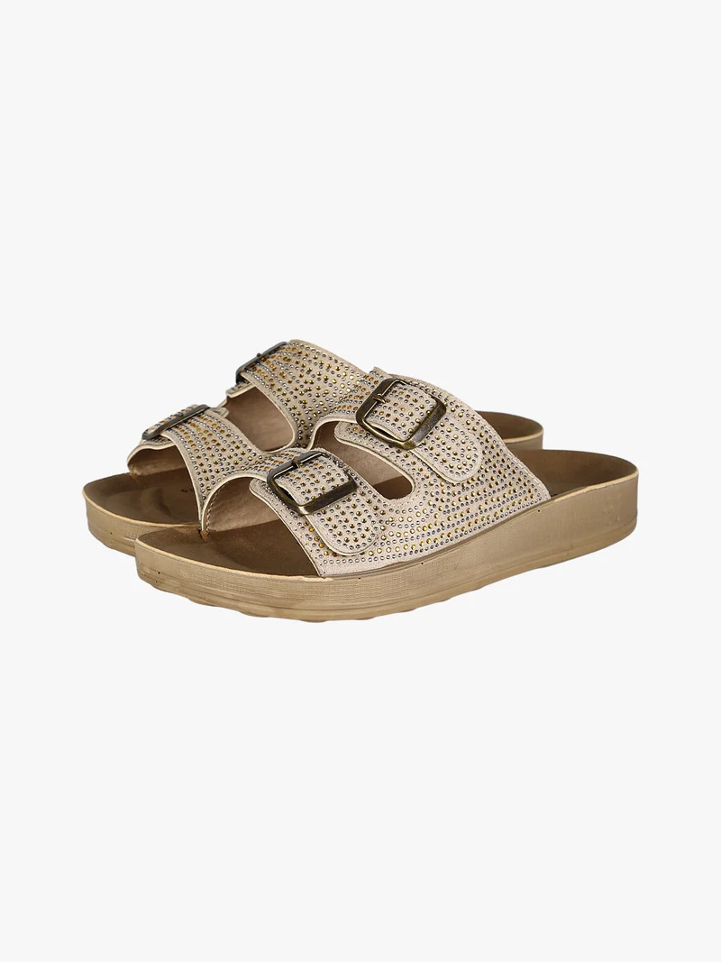 Ciabatte da donna con doppie fibbie e micro borchie - beige
