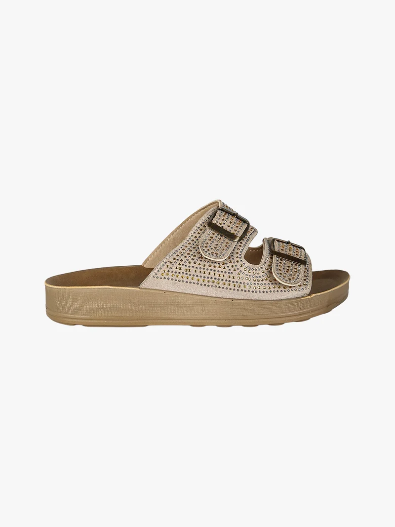 Ciabatte da donna con doppie fibbie e micro borchie - beige