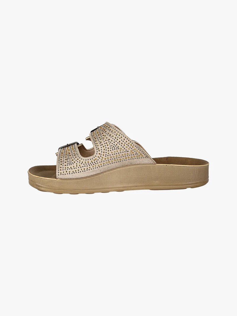 Ciabatte da donna con doppie fibbie e micro borchie - beige