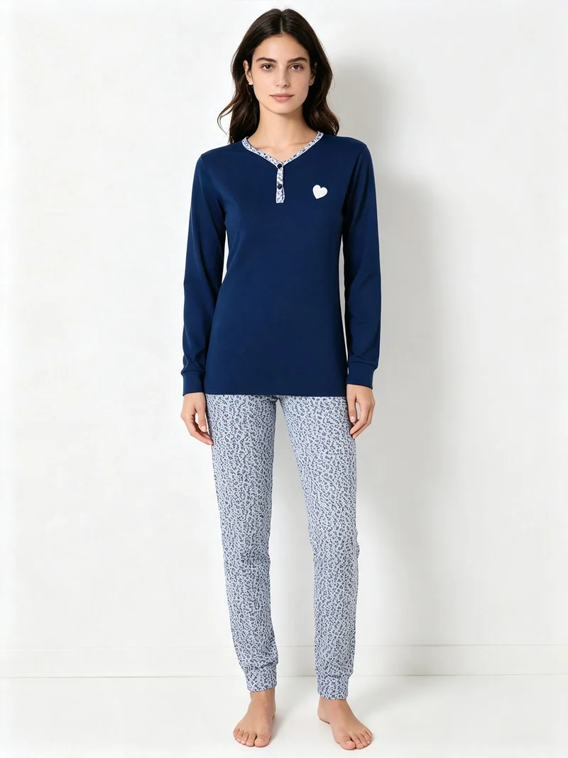 Pigiama lungo da donna in cotone interlock con pantaloni a stampa fiori - blu
