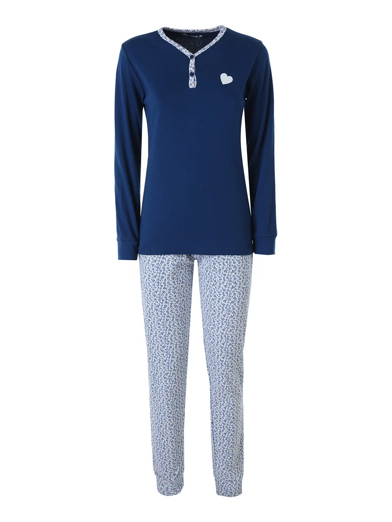 Pigiama lungo da donna in cotone interlock con pantaloni a stampa fiori - blu