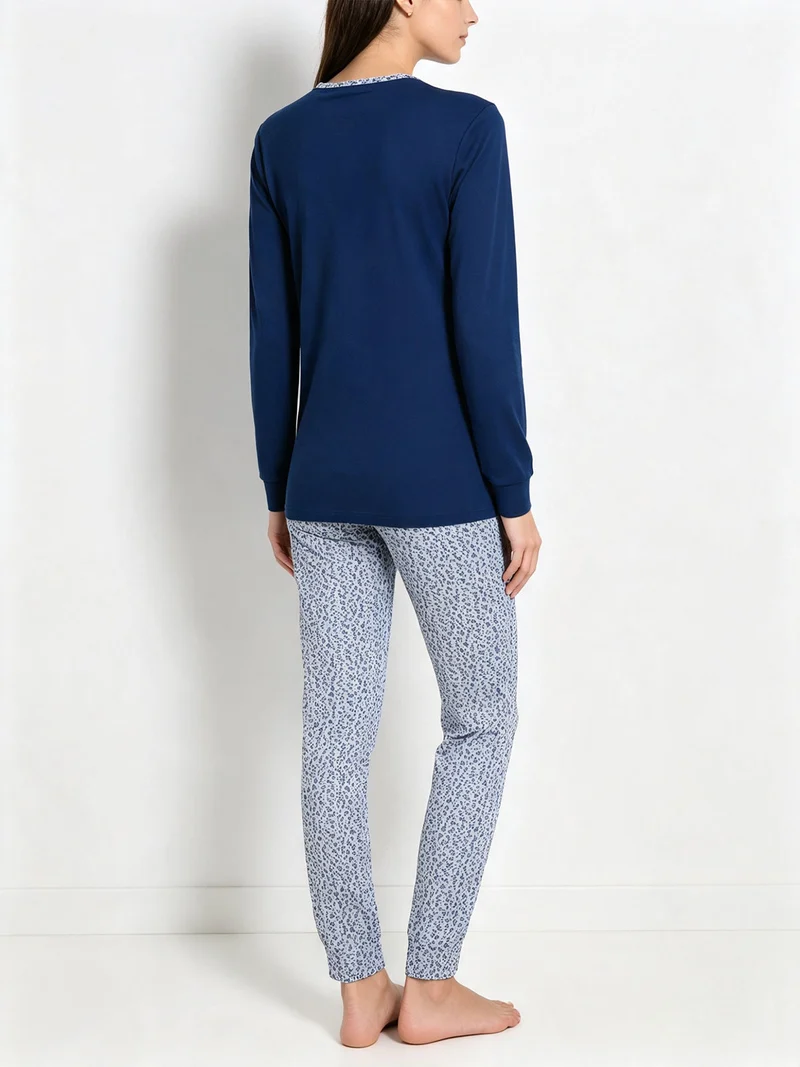 Pigiama lungo da donna in cotone interlock con pantaloni a stampa fiori - blu
