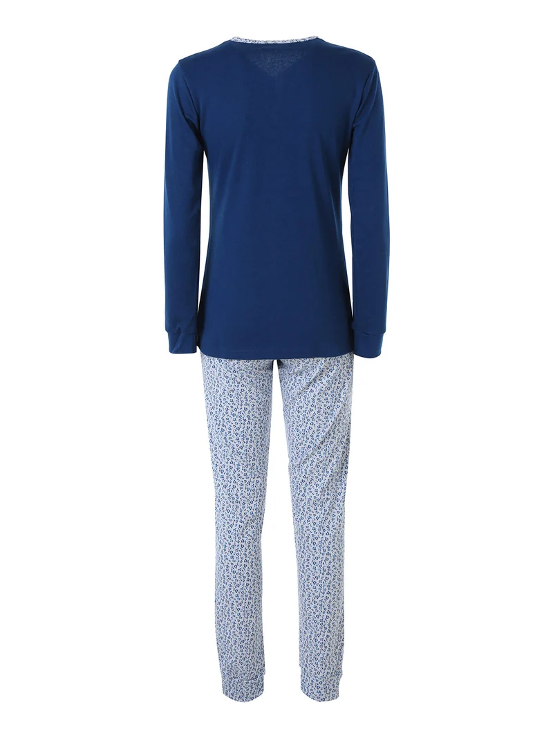 Pigiama lungo da donna in cotone interlock con pantaloni a stampa fiori - blu