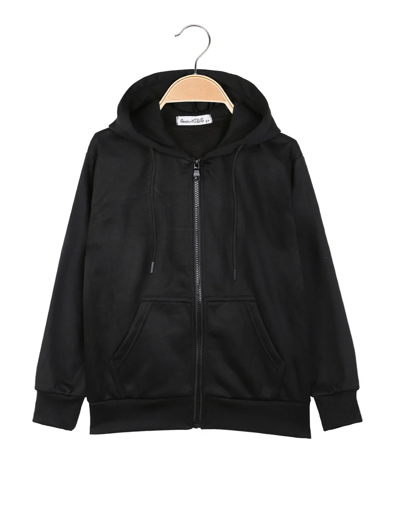 Felpa da ragazzi full zip con cappuccio e interno felpato - nero