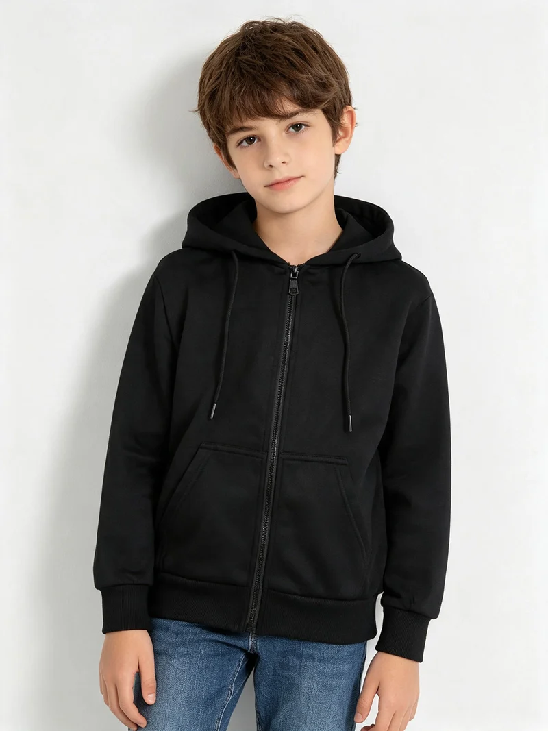 Felpa da ragazzi full zip con cappuccio e interno felpato - nero