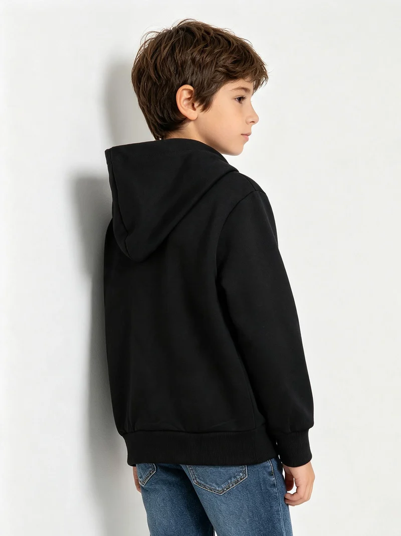 Felpa da ragazzi full zip con cappuccio e interno felpato - nero