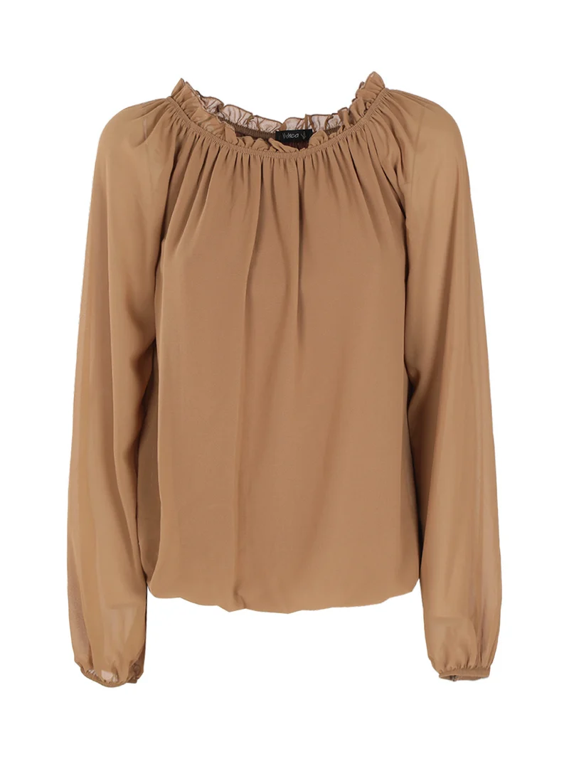 Blusa donna in voilè con scollo a barca - cammello