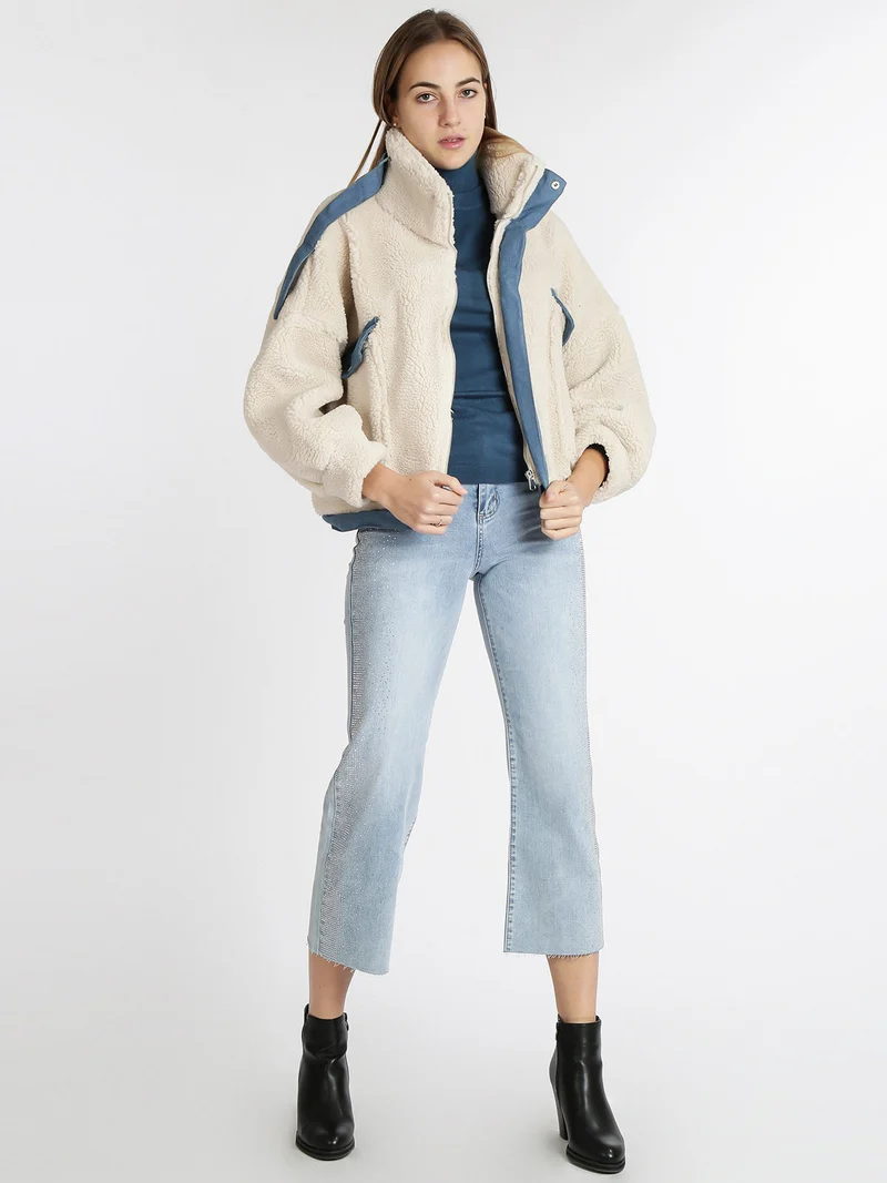 Giacca corta teddy oversize - beige