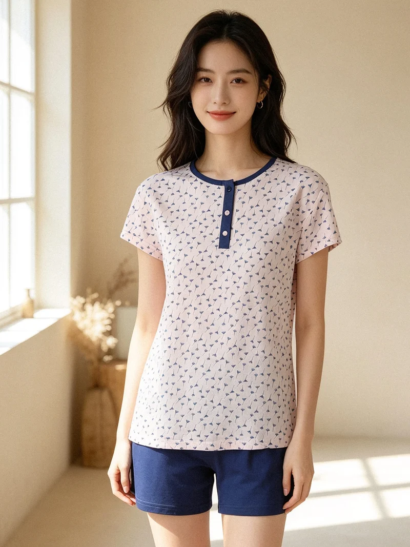 Pigiama corto da donna in cotone con t-shirt stampata e shorts - blu