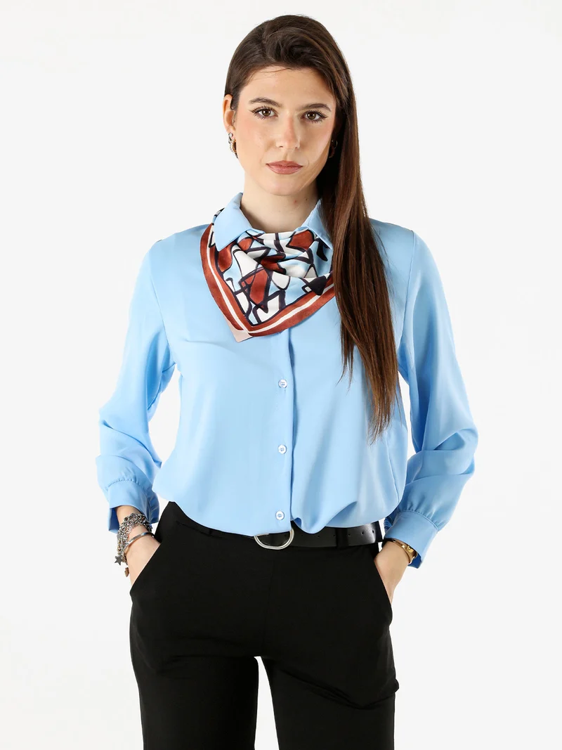 Camicia donna a maniche lunghe con foulard colorato - azzurro