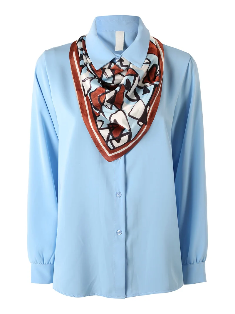 Camicia donna a maniche lunghe con foulard colorato - azzurro