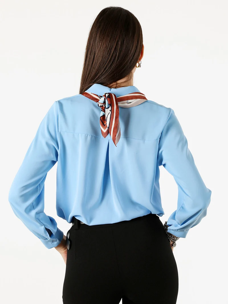 Camicia donna a maniche lunghe con foulard colorato - azzurro