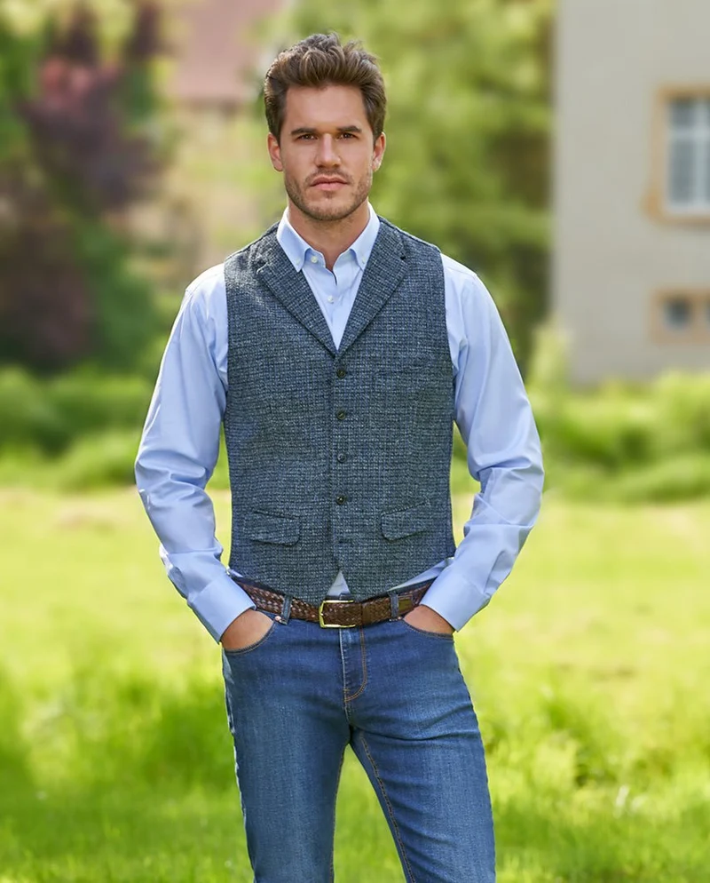 Harris Tweed Weste "Wales" in blue houndstooth