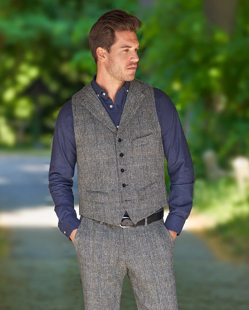 Harris Tweed Weste "Wales" in grey herringbone