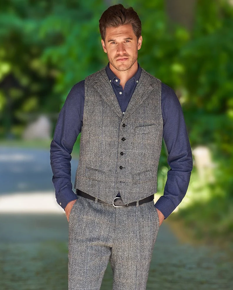 Harris Tweed Weste "Wales" in grey herringbone