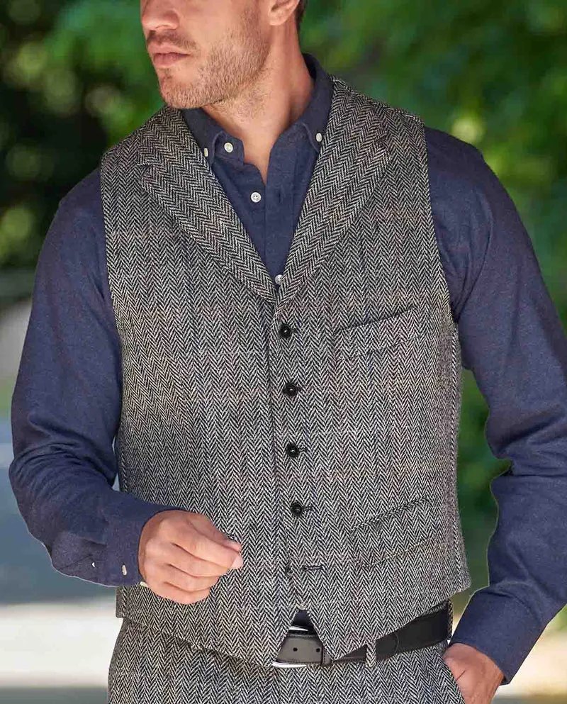 Harris Tweed Weste "Wales" in grey herringbone