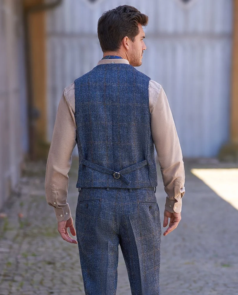 Harris Tweed Weste "Wales" in grey-blue herringbone