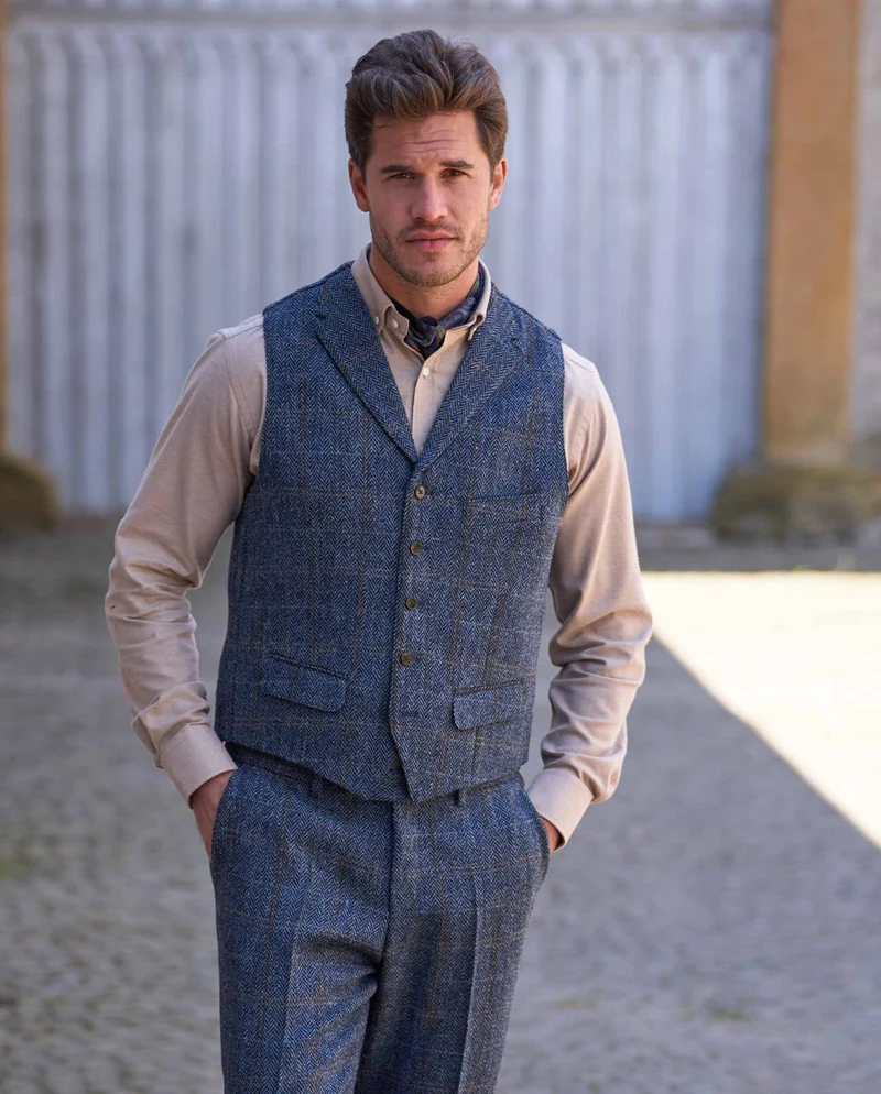 Harris Tweed Weste "Wales" in grey-blue herringbone
