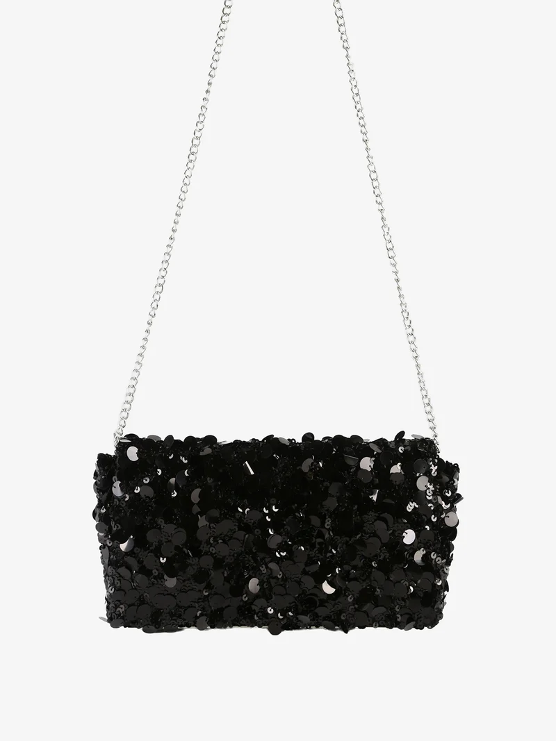 Pochette donna con paillettes e manico a catena - nero