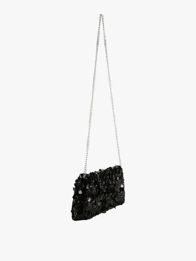 Pochette donna con paillettes e manico a catena - nero