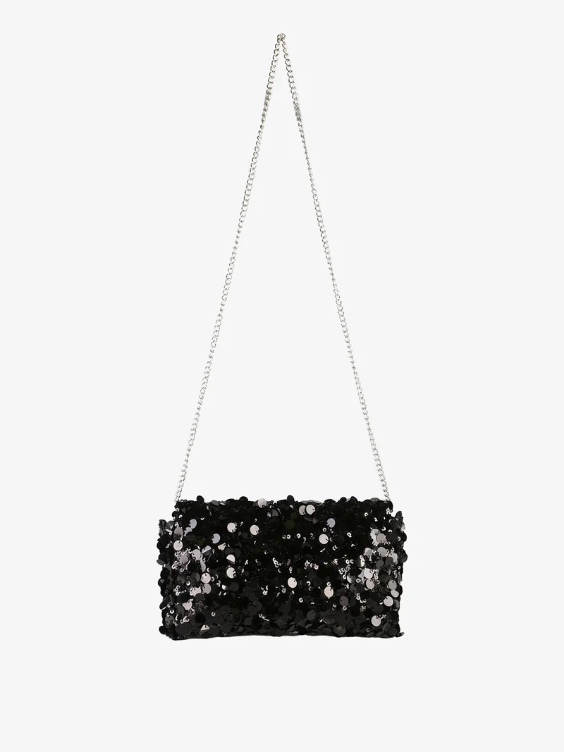 Pochette donna con paillettes e manico a catena - nero