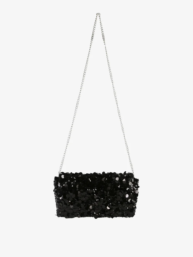 Pochette donna con paillettes e manico a catena - nero