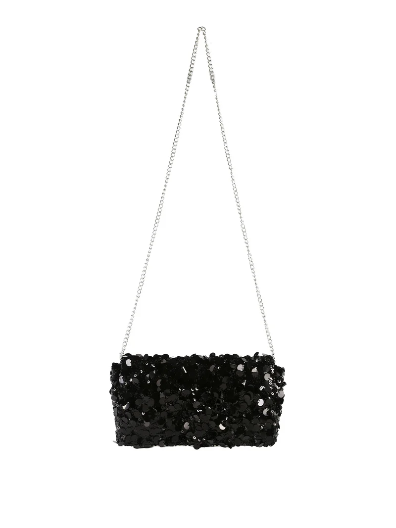 Pochette donna con paillettes e manico a catena - nero