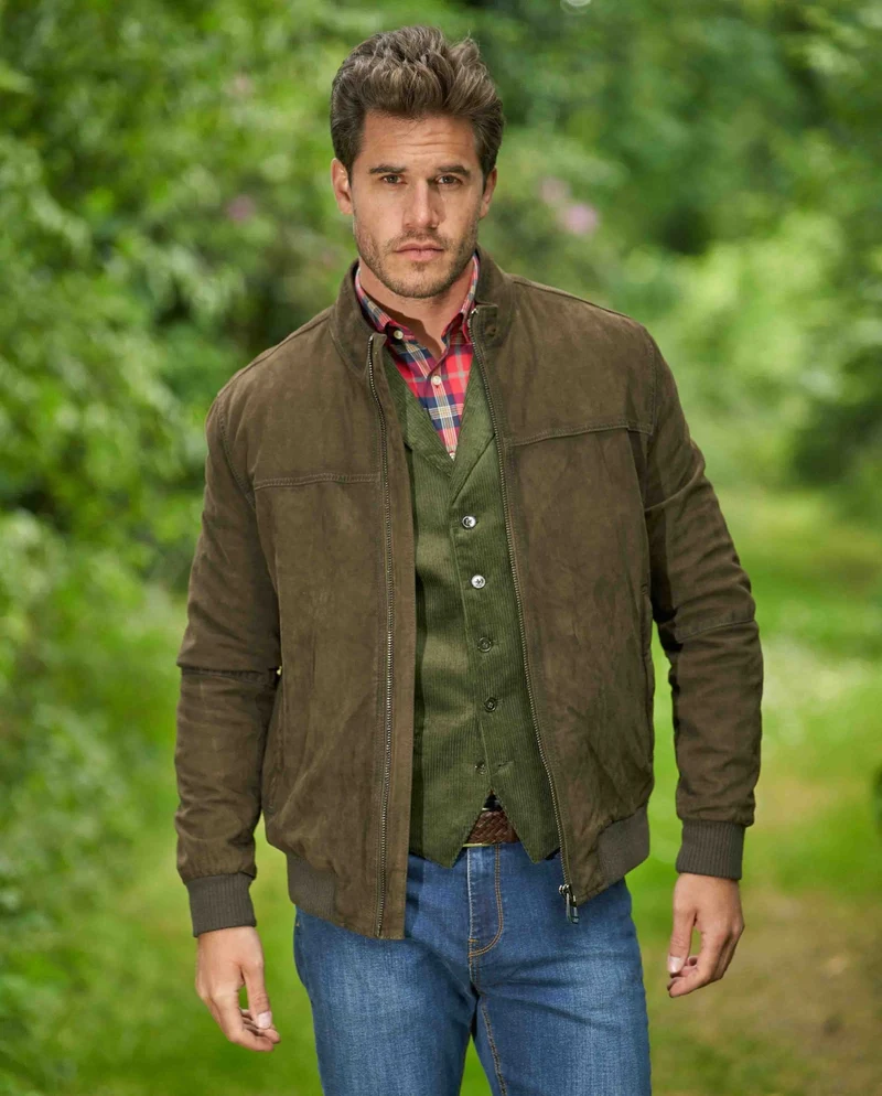 Herren Lederblouson "Vivian" aus Ziegenvelours in Washed Oliv