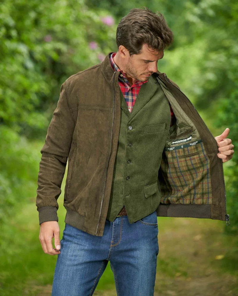Herren Lederblouson "Vivian" aus Ziegenvelours in Washed Oliv